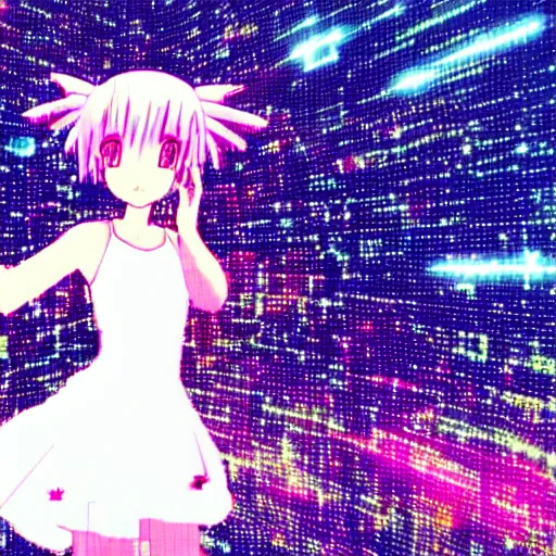 Prompt: Anime of girl in white dress dancing, halo over her head, glitchy, glitch art, Chromatic aberration, nobody knows the future