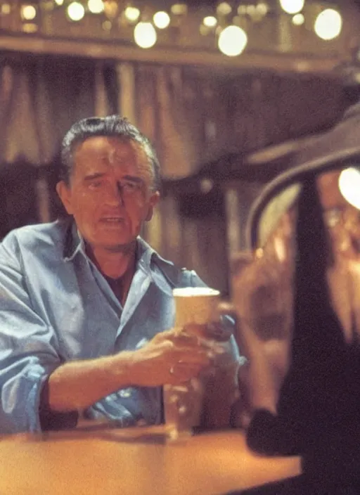 Image similar to a close - up, color cinema film still of a johnny cash talking to a beautiful waitress at hooters, ambient lighting at night.