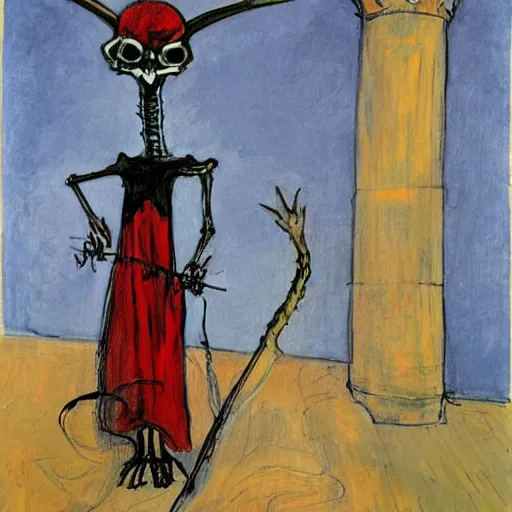 Prompt: A beautiful installation art of a horned, red-eyed, skeleton-like creature, with a long black cape, and a staff with a snake wrapped around it, standing in front of a castle atop a cliff. by Richard Diebenkorn lively, realist