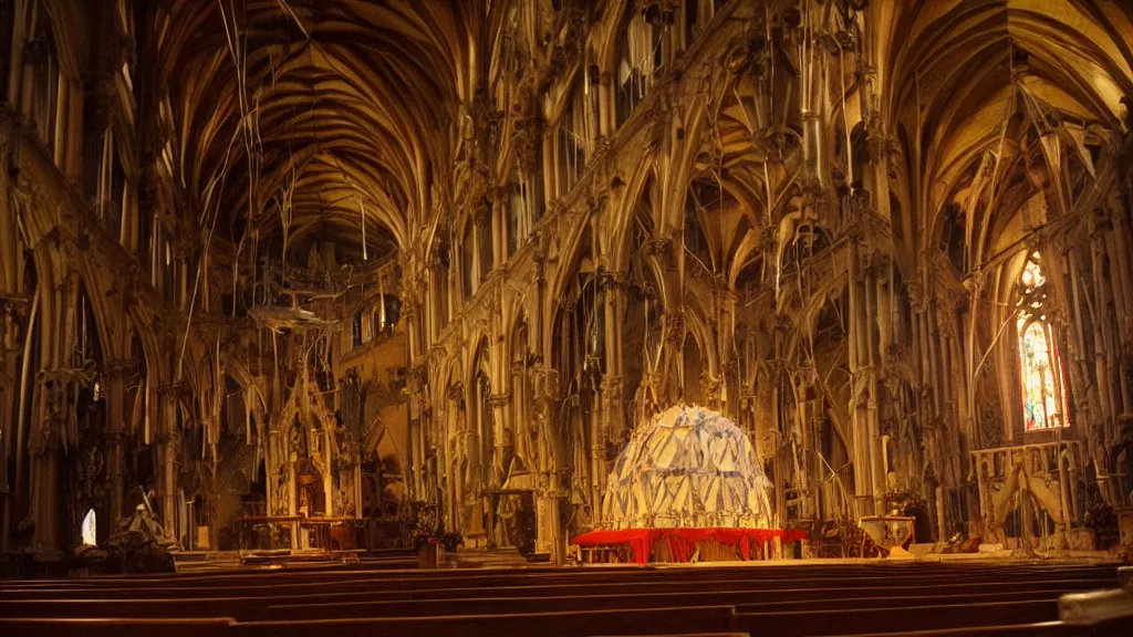 Prompt: the giant cockroach floats above the church alter, made of wax and water, film still from the movie directed by Denis Villeneuve with art direction by Salvador Dalí, wide lens