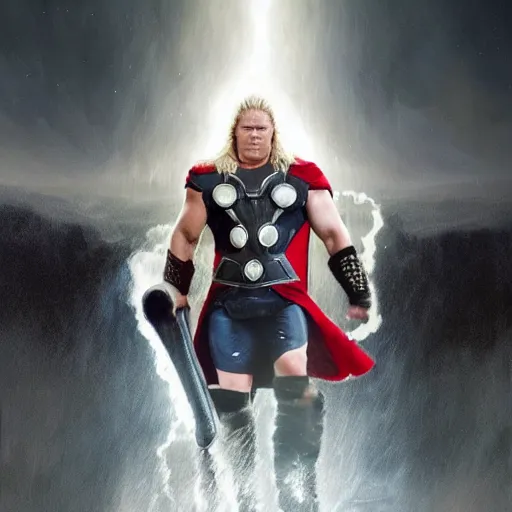 Image similar to brock lesnar as thor odinson, artstation hall of fame gallery, editors choice, #1 digital painting of all time, most beautiful image ever created, emotionally evocative, greatest art ever made, lifetime achievement magnum opus masterpiece, the most amazing breathtaking image with the deepest message ever painted, a thing of beauty beyond imagination or words, 4k, highly detailed, cinematic lighting