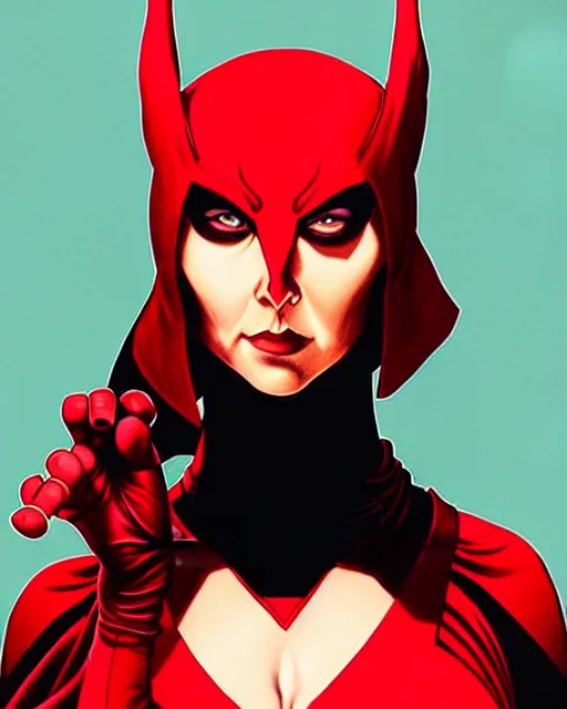 Image similar to rafael albuquerque comic art, peter mohrbacher, phil noto, artgerm, pretty evil elizabeth olson scarlet witch marvel, black and red dress, symmetrical eyes