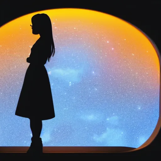 Image similar to a silhouette of a girl looking out a large window at a space scene, lofi aesthetic volumetric lighting, dramatic, realistic, intense