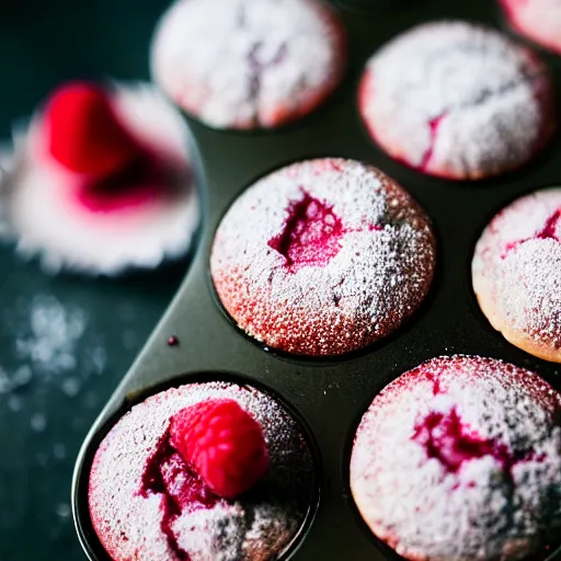 Image similar to vanilla raspberry muffins with powdered sugar, bokeh