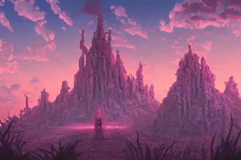 Image similar to cult ritualist citadel deep within the pits of hell. 4 k digital paint by studio ghibli hayao miyazaki. vivid colours, vaporwave lighting style, very sharp and detailed. trending on artstation and behance.