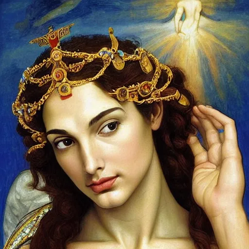 Image similar to Head and shoulders masterpiece oil painting of the beautiful goddess Gal Gadot as hera, she is wearing roman clothes and a surreal jewelry, her hair is natural disheveled, she is approaching heaven over the clouds, naturalism, dramatic lighting, high-detailed oil painting by Ilya Repin, Michelangelo da Caravaggio, William Blake, Alex Grey and Beksinski, trending on Artsation, hystorical painting, naturalism, masterpiece, 4k, 8k,