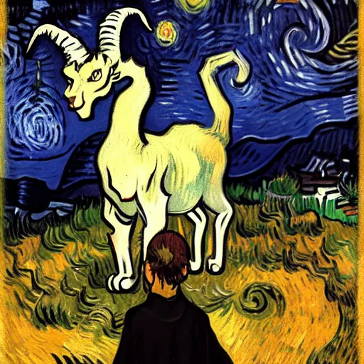 Image similar to a standing cat that has goat horns, anthropomorphic cat wearing dark robes, matte oil painting, by vincent van gogh, eldritch, magical, fog, noble, full body portrait, extremely detailed, cult, ritual, inspiring, award - winning, 4 k, 8 k