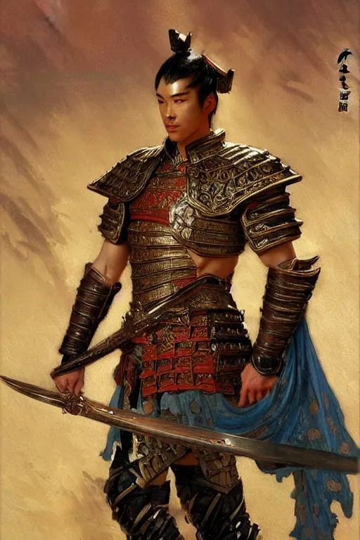 Prompt: attractive male with armor, ming dynasty, character design, painting by gaston bussiere, craig mullins, j. c. leyendecker, tom of finland