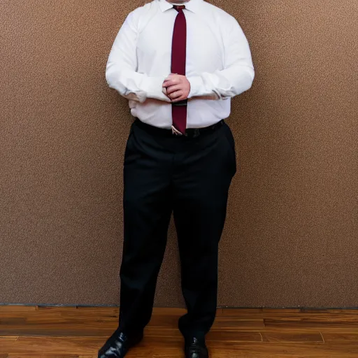 Prompt: clean - shaven chubby white man wearing white dress shirt, necktie, and black dress pants wearing a vr headset. he look bored. iq 4, f / 1. 4, iso 2 0 0, 1 / 1 6 0 s, 8 k, raw, dramatic lighting, symmetrical balance, in - frame