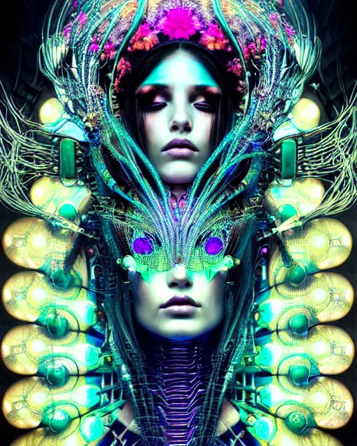 Image similar to detailed portrait of a beautiful goddess in a cyber headdress, neon cyberpunk make - up, art by android jones, ernst haeckel, nekro borja, alphonso mucha, h. r. giger, gothic - cyberpunk,