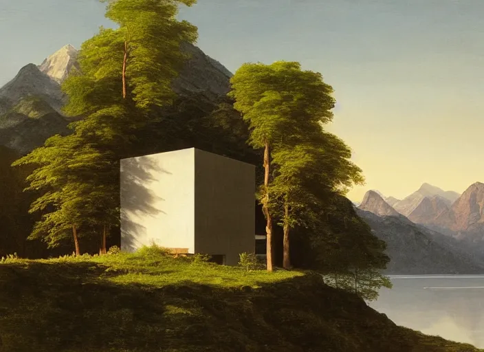 Image similar to painting of a tadao ando house in front of beautiful mountains by thomas cole