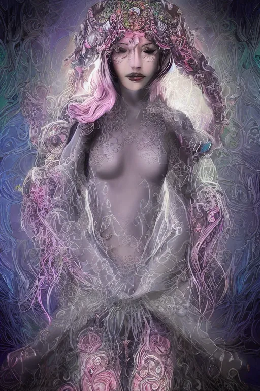 Prompt: highly detailed, digital painting of a beautiful arcane witch in a dark intricate ornate fractal-lace and gemstones facial mask, wearing a stunning silky bio-luminiscent neon-noir cyberpunk dress, pastel colors palette, full view, soft lighting, vivid, Hyperdetailed, 4k hd matte painting, 8k resolution, enchanting and otherworldly, detailed, front view, Gsociety, trending on ArtstationHQ, dreamscape maximized.