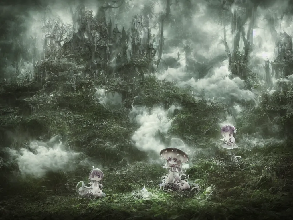 Image similar to cute fumo plush of a gothic maiden girl, overdose, overgrown flooded mystical mushroom forest temple, mysterious ritual over tempestuous stormy water, wisps of volumetric vortices of glowing smoke and fog, vignette, vray