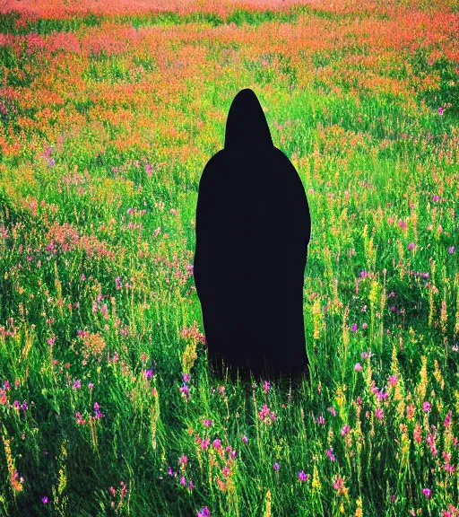 Image similar to tall hooded shadow person figure standing in beautiful meadow of flowers, film photo, grainy, high detail, high resolution