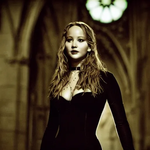 Image similar to jennifer lawrence as a vampire in a gloomy gothic cathedral at night