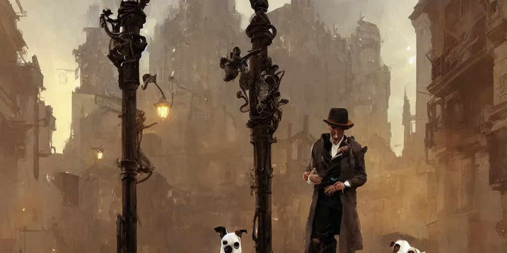 Image similar to a jack russell terrier tied a man to a pole, highly detailed, digital painting, artstation, concept art, smooth, sharp focus, illustration, cinematic lighting, art by artgerm and greg rutkowski and alphonse mucha