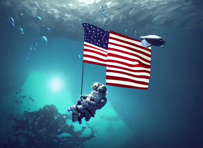 Image similar to astronaut underwater putting a flag on the bottom of the ocean. in the background, a submarine is visible. dark, concept art, cinematic, dramatic, blender, photorealistic, octane render, 8 k, volumetric lighting, trending on artstation, stranger things