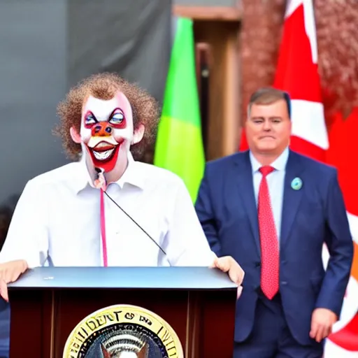 Prompt: president with clown makeup in a podium next to an angry first minister