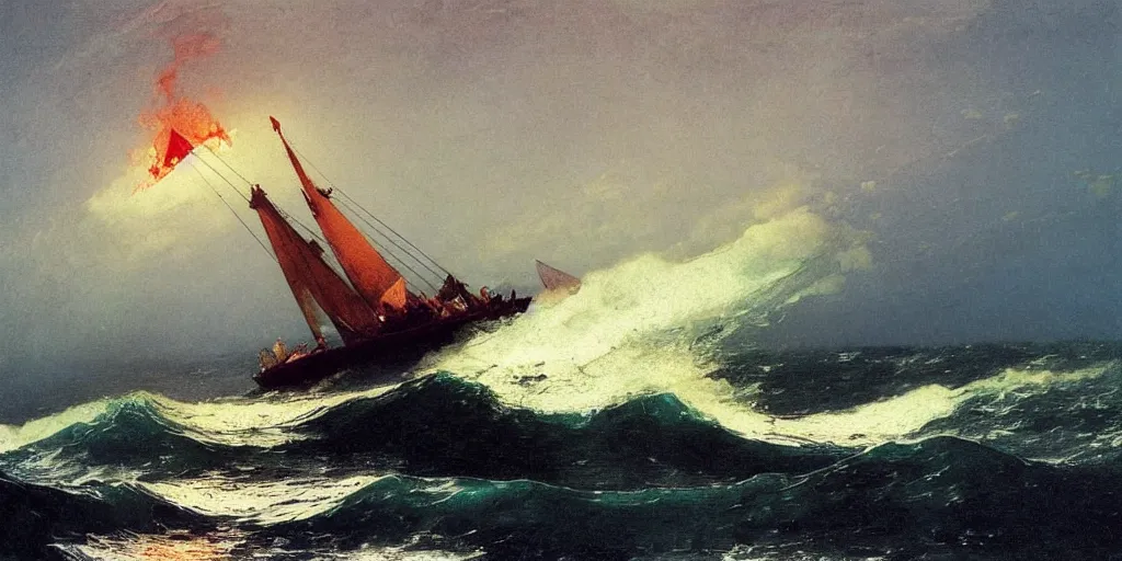 Prompt: “ ( ( ( ( ( boat on fire in rough ocean waves ) ) ) ) ) painted by caspar david friedrich and ivan aivazovsky and winslow homer!!!!!!!!!! ”