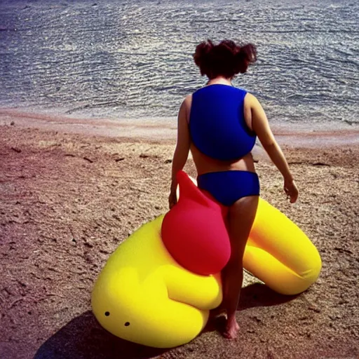 Image similar to A sad woman wearing a happy inflatable toy to the beach, 1980, color film expired film, aged photo, fellini almodovar john waters, wim wenders