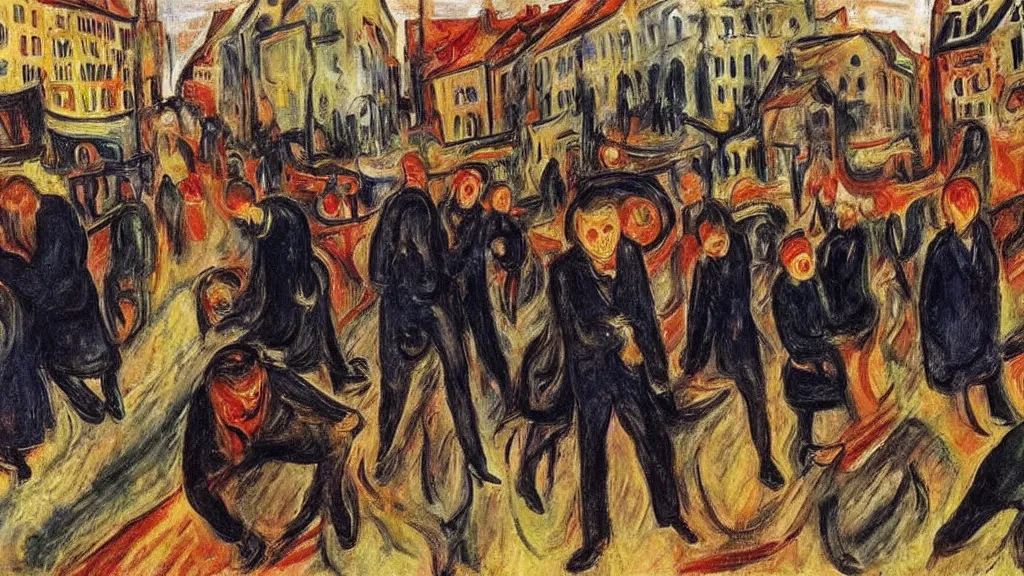 Image similar to the pain and chaos of a town being bombed on market sunday, painting by edvard munch