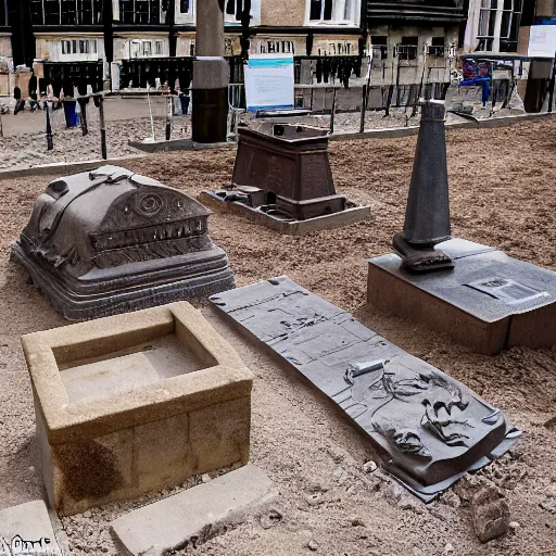 Prompt: 2 0 th century relics disinterred by the archæological expedition excavating on the site of the capital of the ancient british empire, the fabulous city of london