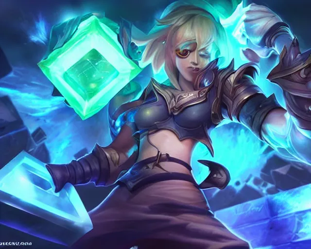 Prompt: league of legends champion splashart of a cube champion, fully rectangle glowing cube.