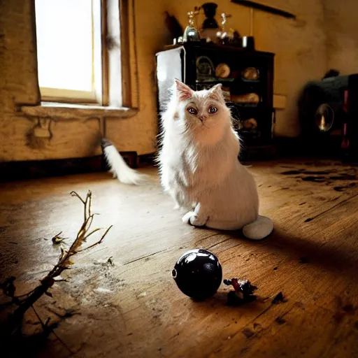 Image similar to a full body protrait beautifull witch with white hair in old room. A cristal ball on a wood table with a potions and old instruments. A cat on the floor licking his paw. photorealistic, profesional photo, by Steve McCurry