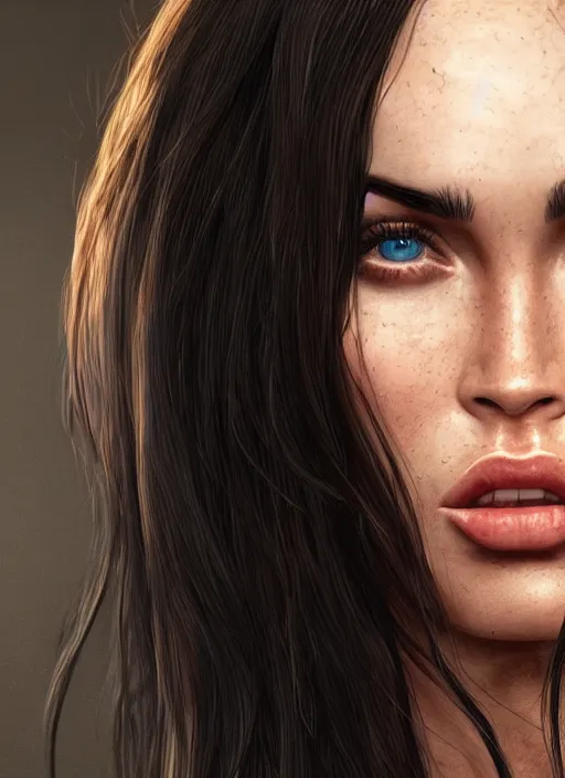 Image similar to megan fox, au naturel, hyper detailed, digital art, trending in artstation, cinematic lighting, studio quality, smooth render, unreal engine 5 rendered, octane rendered