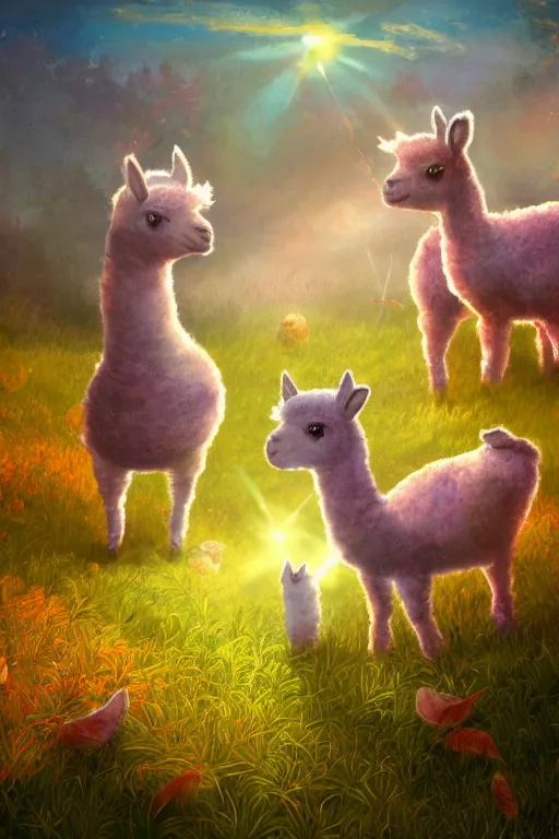 Prompt: magical fairy alpacas frolicking in a field, autumn, illustration, light beams, digital art, oil painting, fantasy, 8 k, trending on artstation, detailed