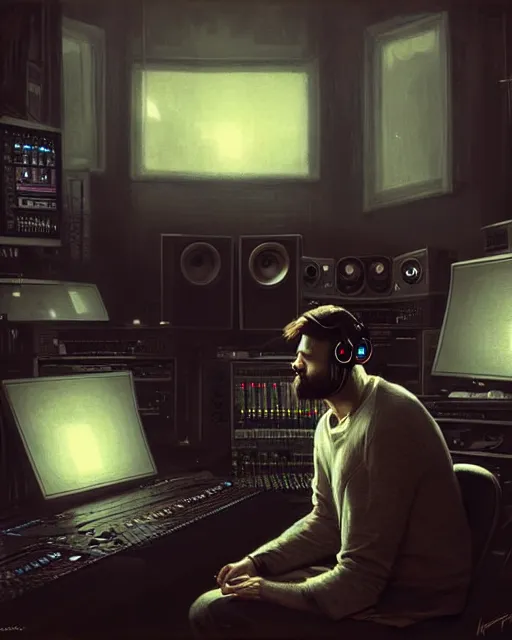 Image similar to man with headphones at his home studio producing music late at night, very detailed, 4 k, concept art like ernest khalimov, intricate details, highly detailed by greg rutkowski, ilya kuvshinov, gaston bussiere, craig mullins, simon bisley