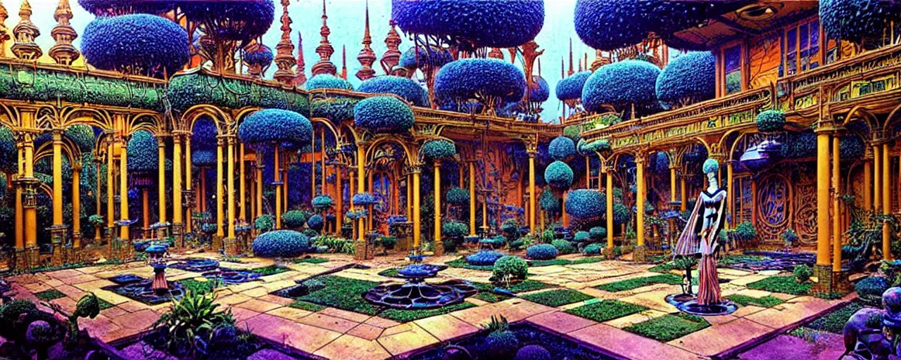 Prompt: a luxurious scifi futuristic victorian garden courtyard by robert mccall, killian eng, moebius, philippe druillet