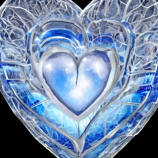 Prompt: crystal cave with large transparent crystals forming a human heart, intricate details, 3 d occlusion, blue on transparency on silver, heart