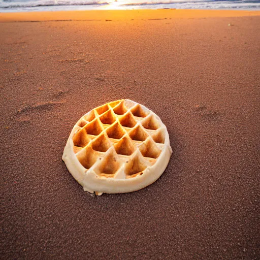 Image similar to an eggo waffle in the sand on the beach in san diego. sigma 5 5 mm. a bit of sand on the waffle. beautiful lighting