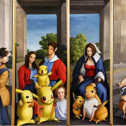 Prompt: A pikachu family portrait, Family portrait, guild commission, Sienese school, Florentine school, sfumato, chiaroscuro, perspective, foreshortening, proportions, still life, al fresco, panel painting, triptych, diptych, quadriptych, oil on canvas, Artwork by Hubert van Eyck