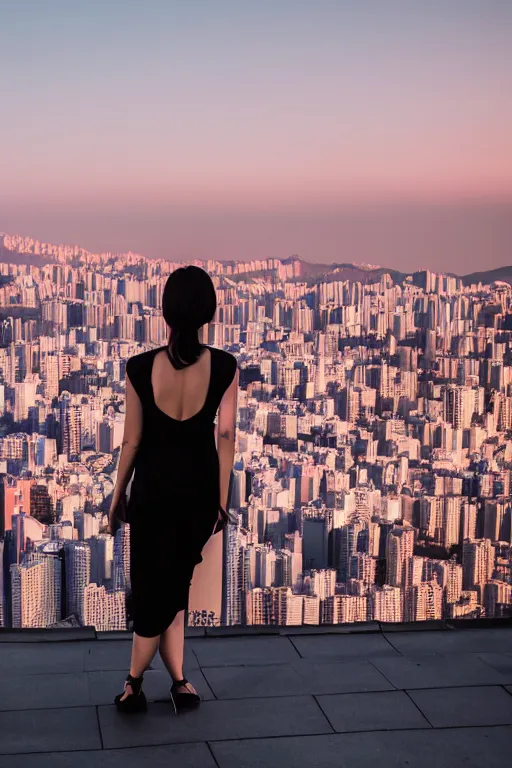 Image similar to a beautiful woman in a little black dress watching the sunset over seoul from the rooftop, urban skyline, realistic photo, luxury, cinematic, advertising photography