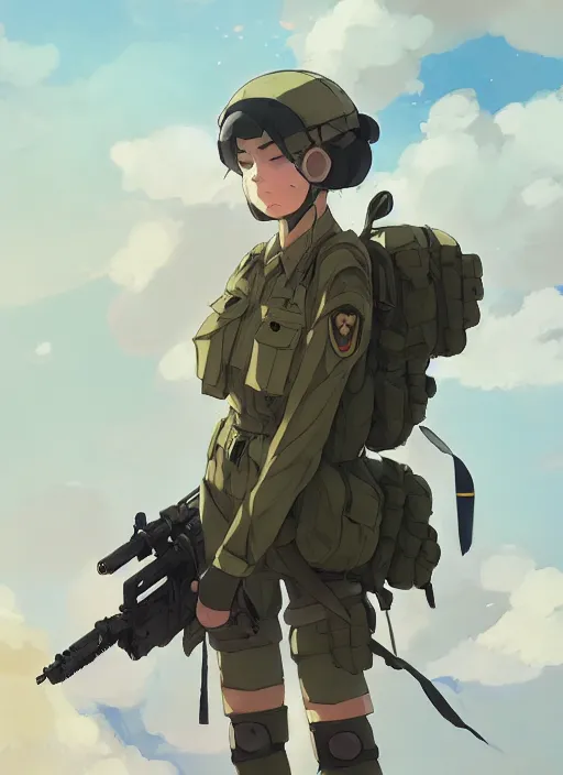 Prompt: portrait of cute soldier girl, smoky sky background urban landscape illustration concept art anime key visual trending pixiv fanbox by wlop and greg rutkowski and makoto shinkai and studio ghibli and kyoto animation soldier clothing military gear