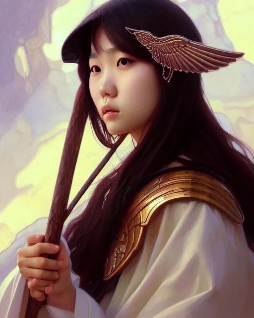 Image similar to Close-up portrait of korean girl wearing a winged helmet and a robe, holding a magic staff, portrait, highly detailed, digital painting, artstation, concept art, sharp focus, illustration, art by artgerm and greg rutkowski and alphonse mucha