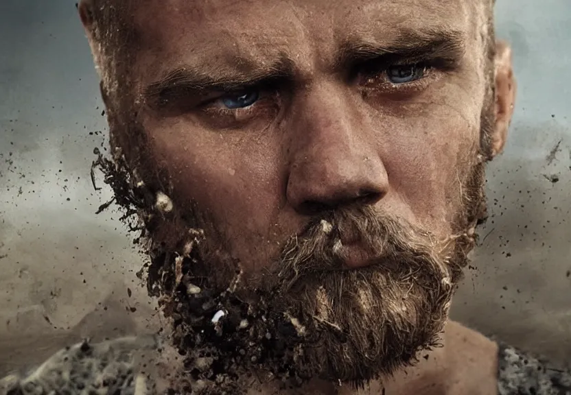 Image similar to portrait of muscular, tired and alcoholic 3 0 - year - ol 5 grieving man with short darkblonde hair, serious sad look in his eyes, looking down, dirty beard, blue eyes, crying tears, wearing dirty soldier uniform, on the desert, sad atmosphere, hyper realistic face, character art, art by mark brooks, cryengine, trending on artstation, digital art