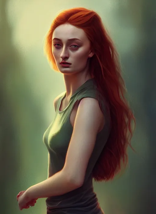 Image similar to sophie turner detailed clothing, half body shot, arms down, path traced, highly detailed, high quality, digital painting, alena aenami, arnold bocklin, tom bagshaw