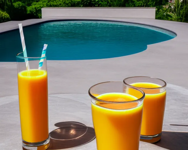 Prompt: 5 5 mm photo of glass of orangejuice on a zen minimalist round white table with gorgeous pool in the background. highly detailed 8 k. intricate. lifelike. soft light,