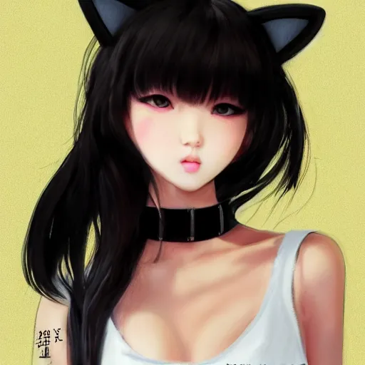 Prompt: realistic beautiful gorgeous buxom natural cute Blackpink Lalisa Manoban black hair cute fur black cat ears, wearing white camisole, headphones, black leather choker artwork drawn full HD 4K highest quality in artstyle by professional artists WLOP, Taejune Kim, Guweiz on Pixiv Artstation