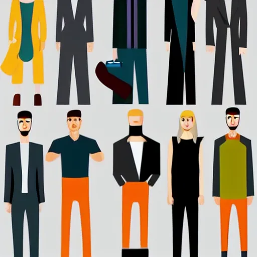 Prompt: simplified very stylistic modern vector drawings of tall people without faces, flat colors, modern - art - vector, adobe illustrator