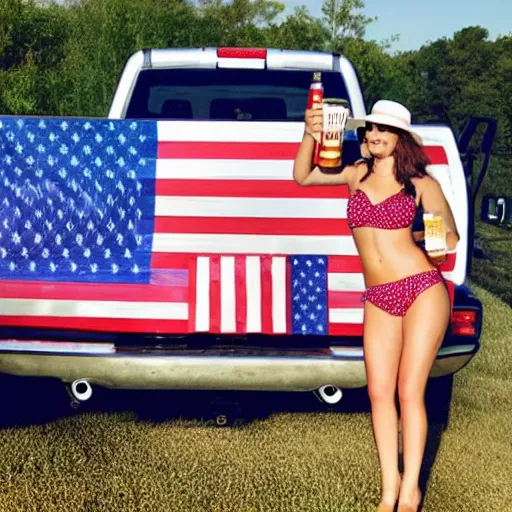 Prompt: photo of woman in the back of a pickup truck wearing bikinis drinking beer waving the american flag.