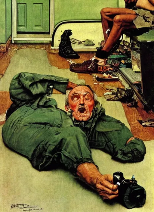 Image similar to dennis hopper crawling around on the floor of a dingy apartment, painted by norman rockwell and frank schoonover, green, dystopian