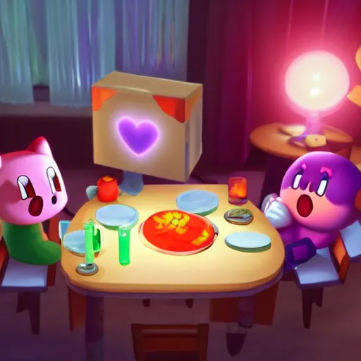 Prompt: kirby eating dinner with companion cube from the game portal, romantic, candlelight, realistic, source engine