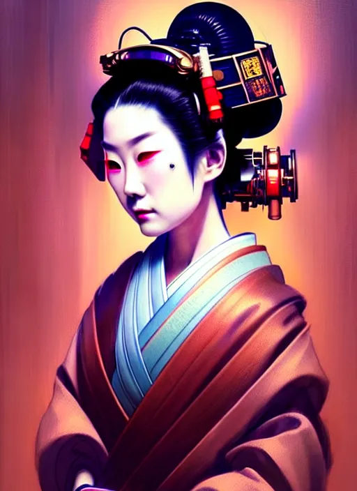 Image similar to beautiful japanese geisha wearing vr eyepiece, robotic, android, cyborg, cyberpunk face, steampunk, fantasy, intricate, elegant, highly detailed, colorful, vivid color, digital painting, cool mixed warm lighting, artstation, concept art, art by artgerm and greg rutkowski and ruan jia,