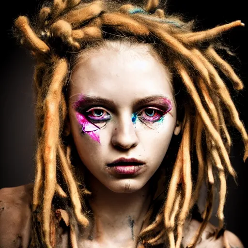 Prompt: astonishingly beautiful woman in tattered clothes revealing body, blonde detailed dreadlocks, make up, vivid colors, hyper detailed, photorealistic, canon eos, photo real