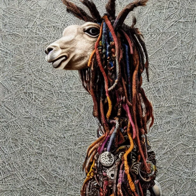 Image similar to llama with dreadlocks, industrial, by mandy jurgens, ernst haeckel, el anatsui, james jean