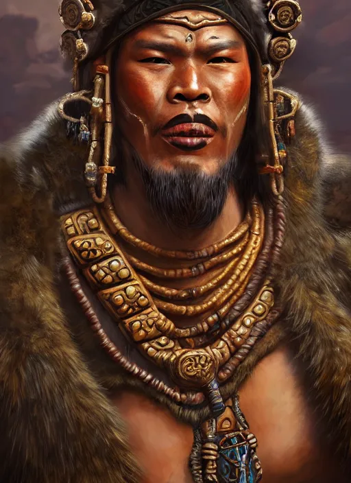 Prompt: tai warlord, closeup portrait, historical, ethnic group, traditional costume, fantasy, intricate, with dong son bronze artifacts, beads cross onbare chest, elegant, loin cloth, highly detailed, oill painting, artstation, concept art, matte, sharp focus, illustration, hearthstone, art by earl norem